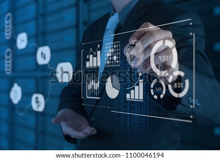 Data Management System (DMS) with Business Analytics concept. businessman working with provide information for Key Performance Indicators (KPI) and marketing analysis onn virtual computer