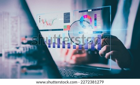 Data Management System (DMS) with Business Analytics concept. Business and technology Data analyst working on business analytics dashboard with charts, metrics and KPI to analyze performance bigdata.
