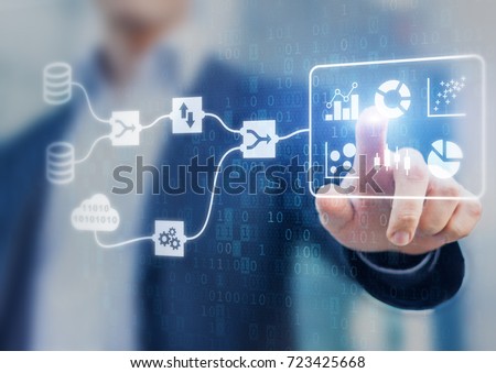 Data Management System (DMS) and Business Analytics concept with servers connected to dashboard to provide information for Key Performance Indicators (KPI), person in background, marketing analysis