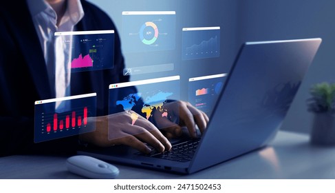 Data Management System KPI connected in database for follow earnings,operations and sales data. Financial business data analytics graph dashboard.Advisor using KPI personal Dashboard.