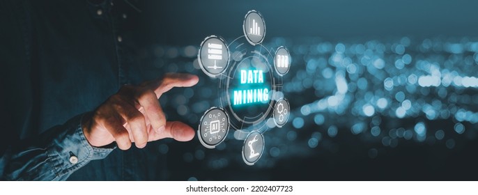 Data mining banner web icon for business and organization, Businessman hand touching data mining icon on VR screen, internet and networking concept.