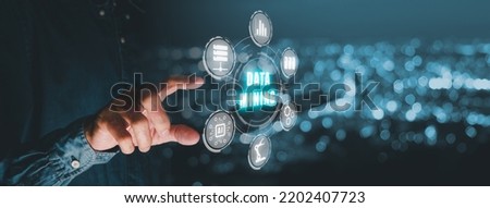 Data mining banner web icon for business and organization, Businessman hand touching data mining icon on VR screen, internet and networking concept.