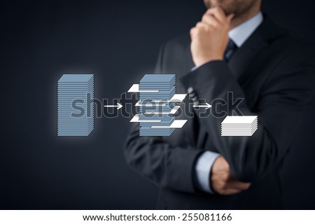 Data mining (datamining) process and big data analysis (bigdata) issue concept. Analyst think about structured and relevant data. 