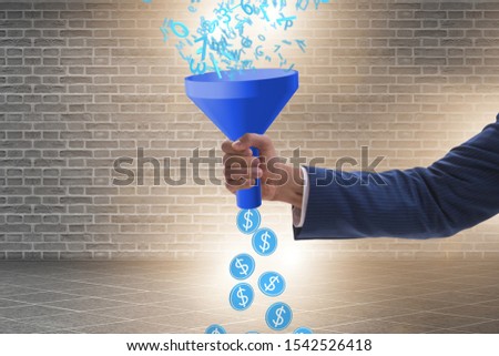 Data monetization concept with funnel and businessman