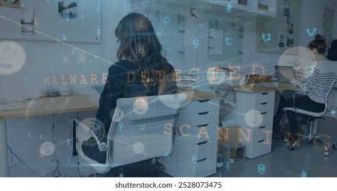 Data and network of connections processing over caucasian female colleagues in office. security, technology, digitally generated image or