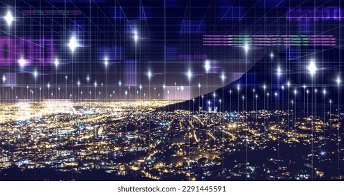 Data, network and digital with city at night for connection, cyber and cloud computing. Technology abstract, communication and futuristic with skyline of urban town for internet, media and light - Powered by Shutterstock