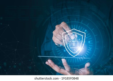 Data or network protection, business people press shield icon, web button, virus security. Data protection and insurance Business security concepts, information security against viruses,system Matrix