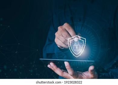 Data Or Network Protection, Business People Press Shield Icon, Web Button, Virus Security. Data Protection And Insurance Business Security Concepts, Information Security Against Viruses,system Matrix