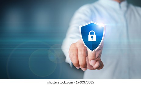 Data or network protection, business people press shield icon, virus security. Data protection and insurance Business security concepts, information security against virus. binary number 1010.