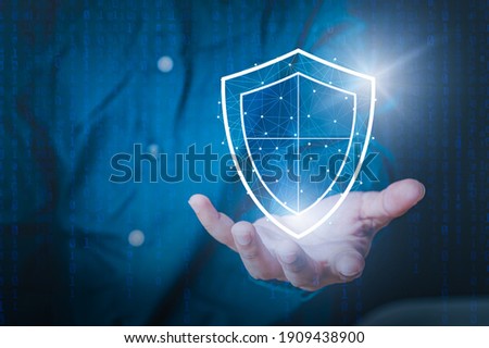 Data or network protection, business people press shield icon, web button, virus security. Data protection and insurance Business security concepts, information security against viruses,system Matrix 