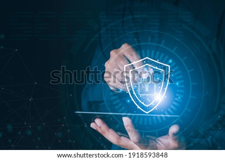 Data or network protection, business people press shield icon, web button, virus security. Data protection and insurance Business security concepts, information security against viruses,system Matrix