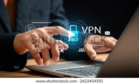 Data and network security, Zero Trust security and VPN connectivity, Secure access to user personal data with encryption, VPN and internet privacy hologram.