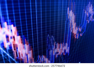 Data on live computer screen. Display of quotes pricing graph visualization. Stock market graph and bar chart price display. Abstract financial background trade colorful green, blue, red abstract. 