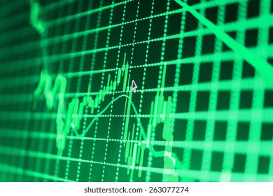 Data on live computer screen. Display of quotes pricing graph visualization. Stock market graph and bar chart price display. Abstract financial background trade colorful green abstract.