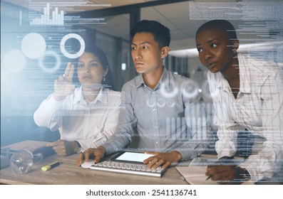 Data, overlay and team of business people in office for problem solving system in future technology. Hologram, man and women working together in programming, code and online metrics at digital agency - Powered by Shutterstock