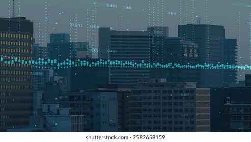 Data points and digital lines image over cityscape with buildings. Technology, futuristic, urban, network, connectivity, innovation