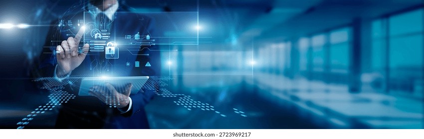 Data privacy concept regulator touch of smart data privacy circuit board and secured data on screen consent compliance, protection, governance, security, transparency, trust, responsibility