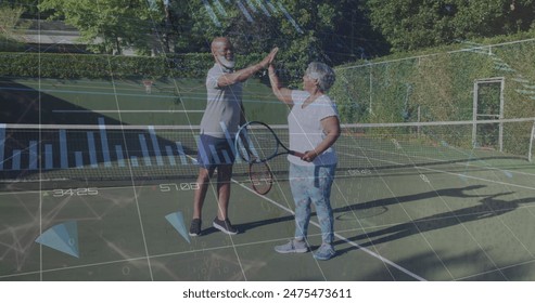 Data processing against african american senior couple high fiving each other at tennis court. sports and technology concept - Powered by Shutterstock