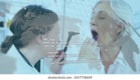 Data processing against caucasian female dentist examining teeth of caucasian senior woman. Medical healthcare and technology concept - Powered by Shutterstock