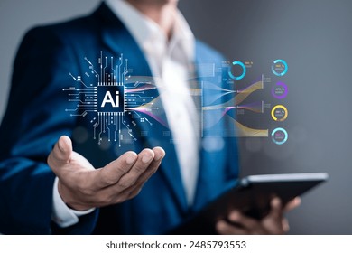 Data processing by AI, big data technology and data science. Businessman with artificial intelligence AI circuit board for analyze data automated chart graph. - Powered by Shutterstock