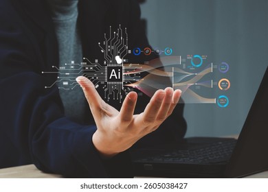 Data processing by AI, big data technology and data science. Businessman with artificial intelligence AI circuit board for analyze data automated chart graph.