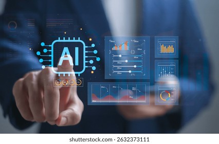 Data processing by AI, big data technology and data science. Businessman with artificial intelligence AI circuit board for analyze data automated chart graph.