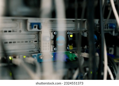 Data processing center close-up of wire blocks with suspended cables in computer and information technology room