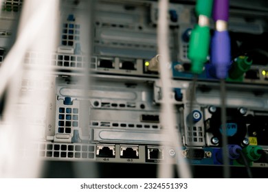 Data processing center close-up of wire blocks with suspended cables in computer and information technology room