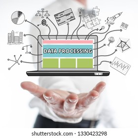 Data processing concept levitating above a hand of a man