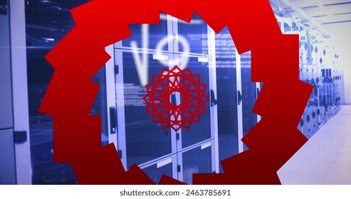 Data processing and digital information flowing through a network of computer servers in a server room. Global connections data processing and digital interface concept digitally generated image.