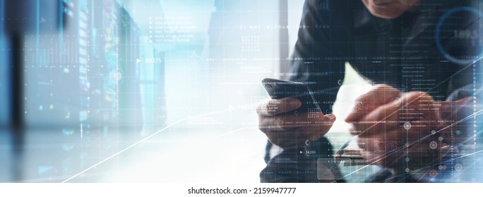 Data Processing, digital technology, internet network concept. Computer programmer working on big data and computer code with data center, server room as backgrounds