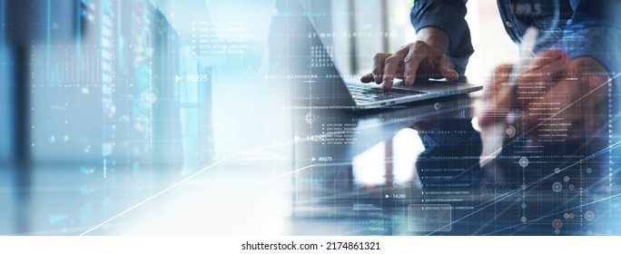 Data Processing, digital technology, internet network concept. Computer programmer working on big data and computer code with data center, server room as backgrounds - Shutterstock ID 2174861321