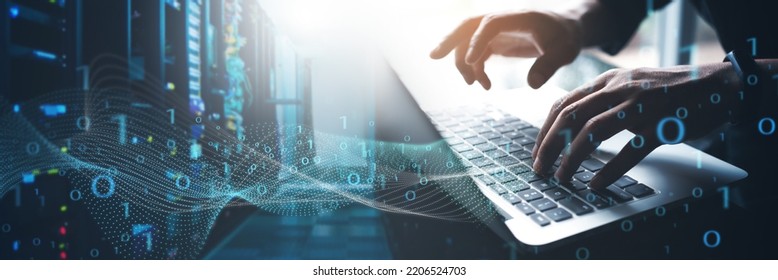 Data Processing, digital technology, internet network technology concept. Man computer programmer working on big data and computer code with data center, server room as backgrounds  - Shutterstock ID 2206524703