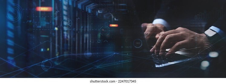 Data Processing, digital technology, internet network concept. Computer programmer working on big data and computer code with data center, server room as backgrounds