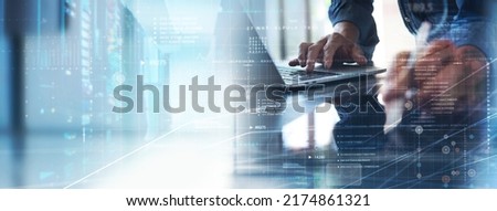 Data Processing, digital technology, internet network concept. Computer programmer working on big data and computer code with data center, server room as backgrounds