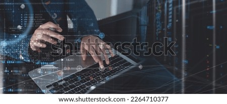 Data Processing, digital technology, internet network concept. Computer programmer working on big data and computer code with data center, server room as backgrounds