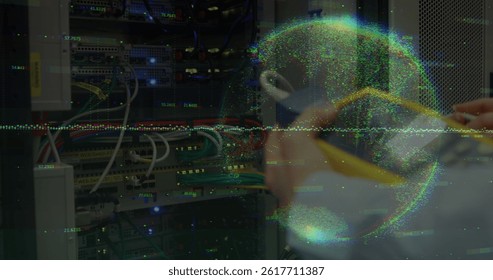 Data processing and globe against mid section of a engineer at computer server room. global networking and cyber security technology concept