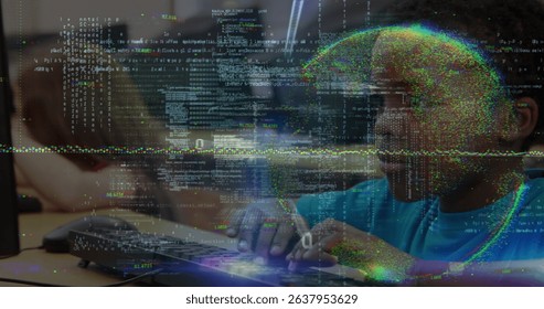 Data processing and globe against portrait of african american boy using computer at school. School and education technology concept