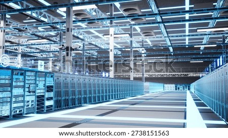 Data processing, high tech equipment and VFX compositing in server room. Blue wireframe 3D render scan of data center supercomputers used for computational firepower and massive storage capabilities