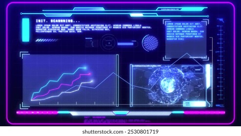 The data processing image on blue background shows a blue line graph forming and disappearing on black background. This image is a statistical information interface concept that shows global business,