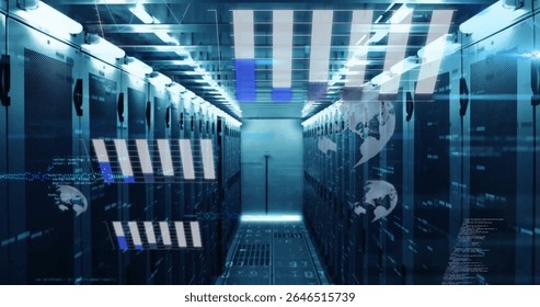 Data processing image over futuristic server room with digital graphics. Technology, innovation, cybersecurity, network - Powered by Shutterstock - Get 15% off with code: PIKWIZARD15