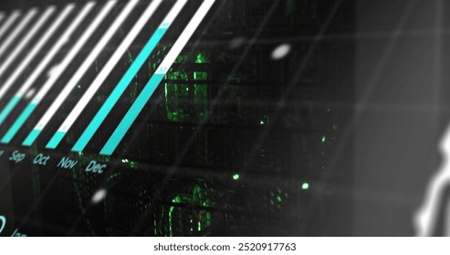 Data processing image over green-lit servers with diagonal lines and calendar. Technology, cyber, network, futuristic, digital, computing