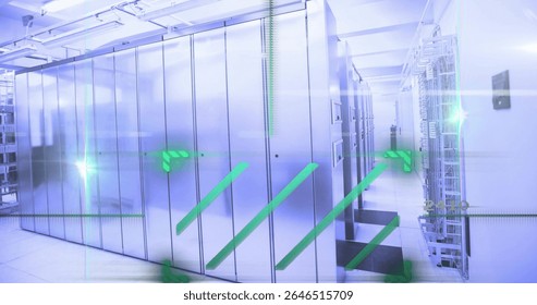 Data processing image over modern server room with glowing green lines. Technology, data center, networking, digital, connection, futuristic