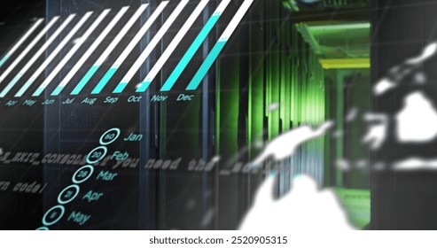 Data processing image over server racks in dimly lit data center. Technology, networking, computing, storage, artificial intelligence, cybersecurity