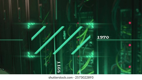 Data processing image over server room with cables and equipment. Technology, network, digital, communication, storage, infrastructure