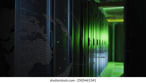 Data processing image over servers in green-lit data center. Technology, cybersecurity, network, cloud computing, IT infrastructure, digital