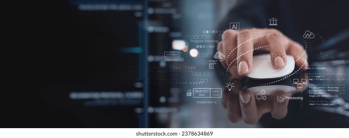 Data processing and management, digital technology, AI software development concept. Computer programmer programming with data engineering and database connection, innovation technology