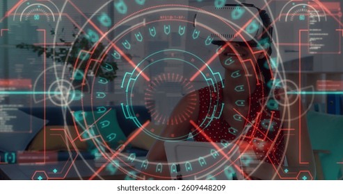 Data processing and neon scope scanner against caucasian woman wearing vr headset at home. computer interface and technology concept