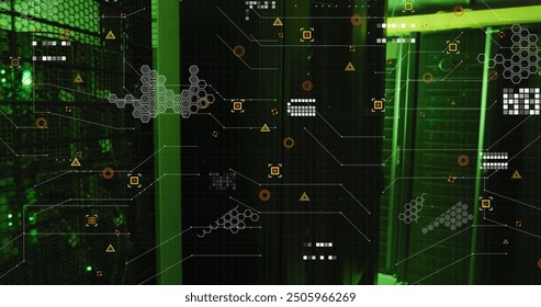 Data processing and network connections image over green-lit server racks. Technology, networking, servers, digital, computation, communication