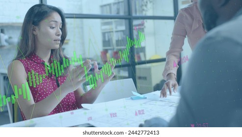 Data processing on interface over biracial female architect discussing with colleagues. Architecture, design, business, data, digital interface, connection and communication digitally generated image. - Powered by Shutterstock